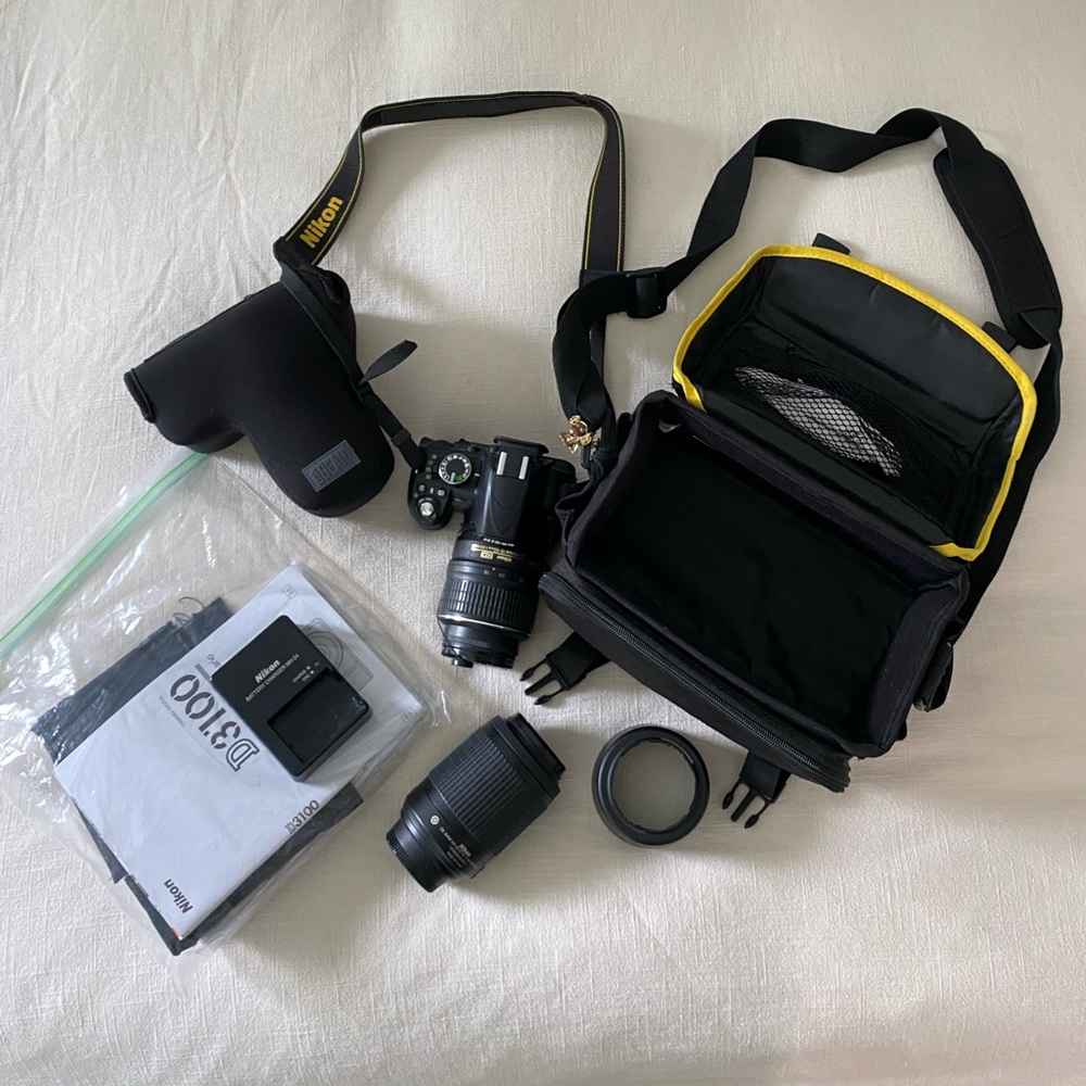 Nikon D3100 DSLE Camera with 18-55mm VR, 55-200mm zoom lenses (black).